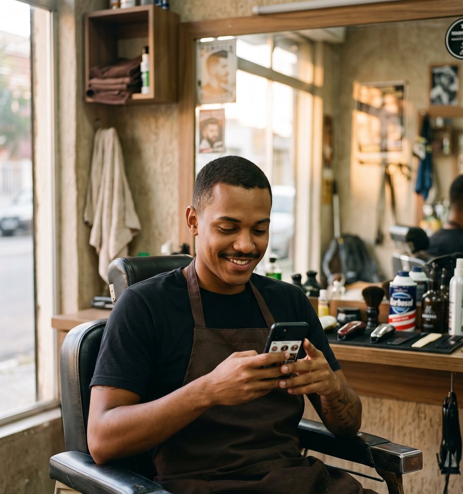 Barbeiro jovem sentado na cadeira da barbearia, olhando o celular