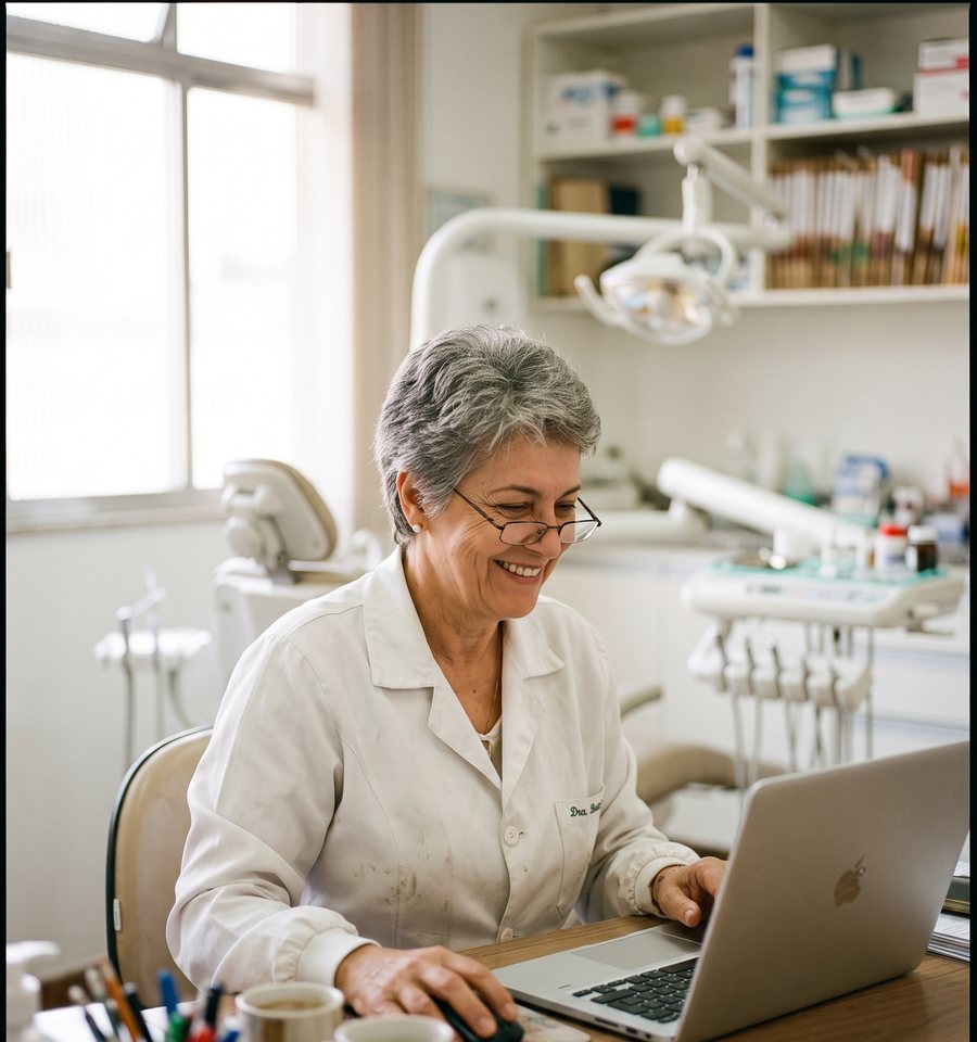 Dentista de jaleco lendo no notebook, no consultório