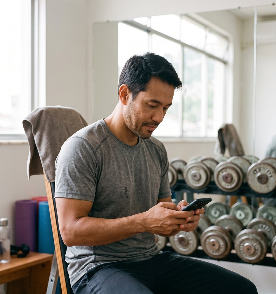 Personal trainer digitando no celular, sentado num banco de academia