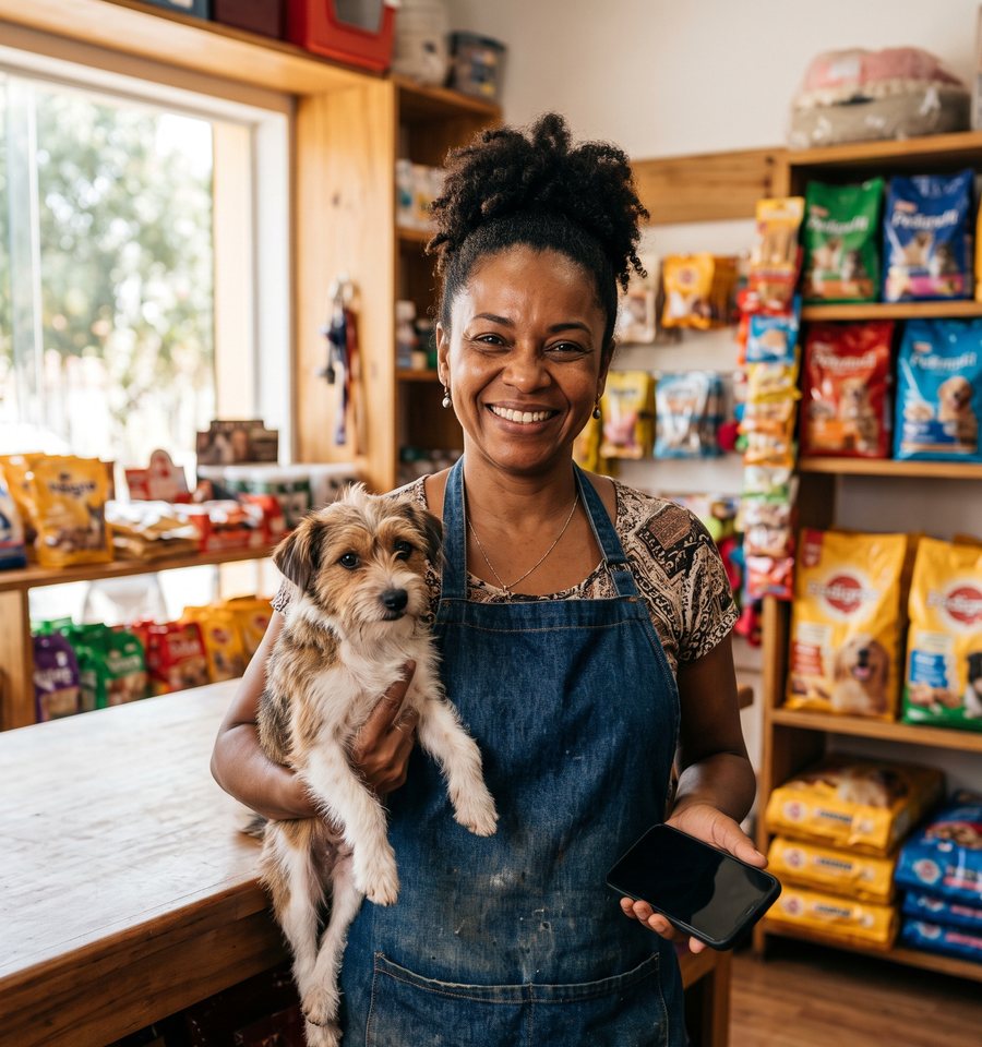 Dona de pet shop segurando um cachorro no colo, dentro da loja