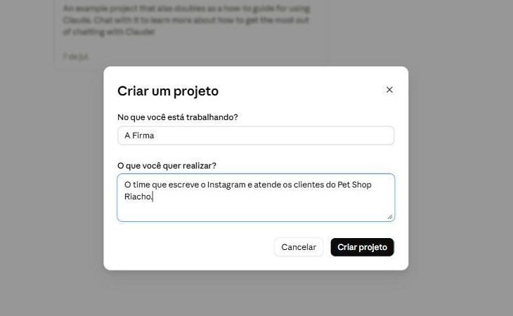 Tela do Claude criando um projeto chamado A Firma