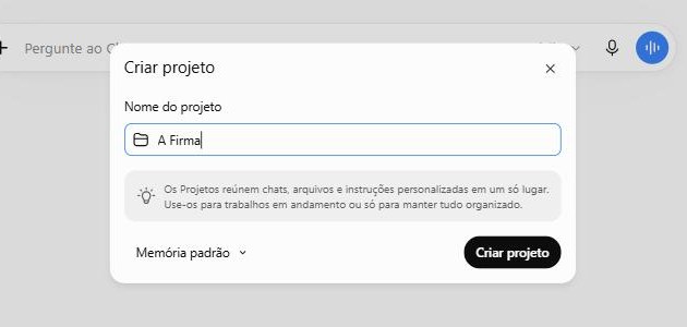Tela do ChatGPT criando um projeto chamado A Firma