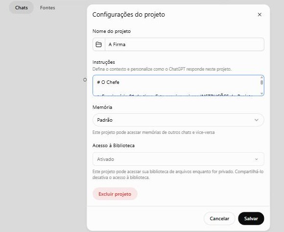 Tela do ChatGPT com o texto do Chefe colado nas instruções do projeto