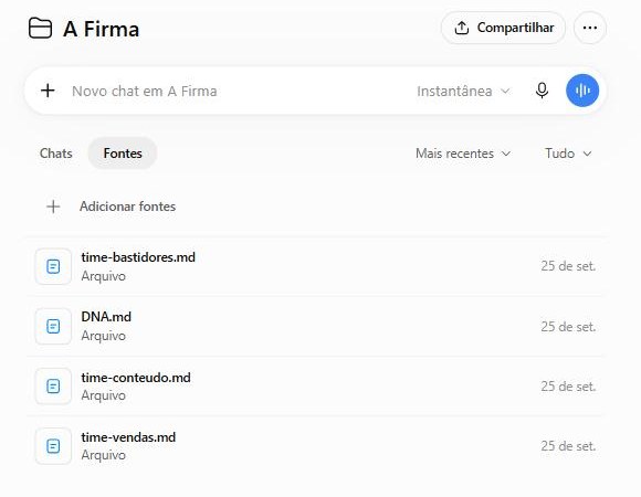 Tela do ChatGPT com os quatro arquivos da Firma na aba Fontes